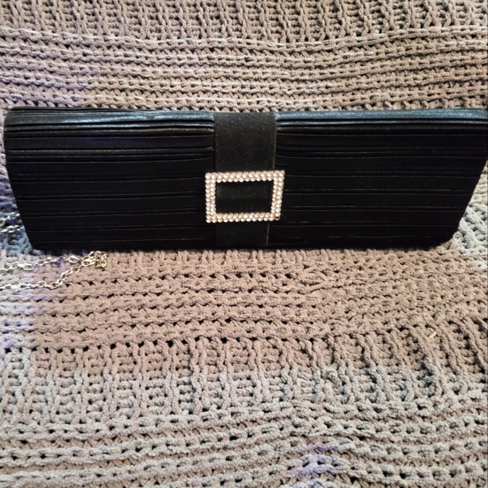 Black Clutch Satin Dress purse with Silver shoulder strap chain.